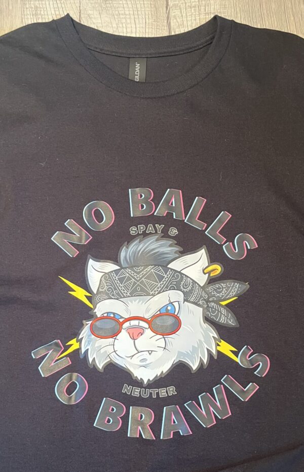 lack muscle tank top featuring a graphic of a cool cat with a bandana and sunglasses, surrounded by lightning bolts and the text "No Balls No Brawls" in a vintage font.