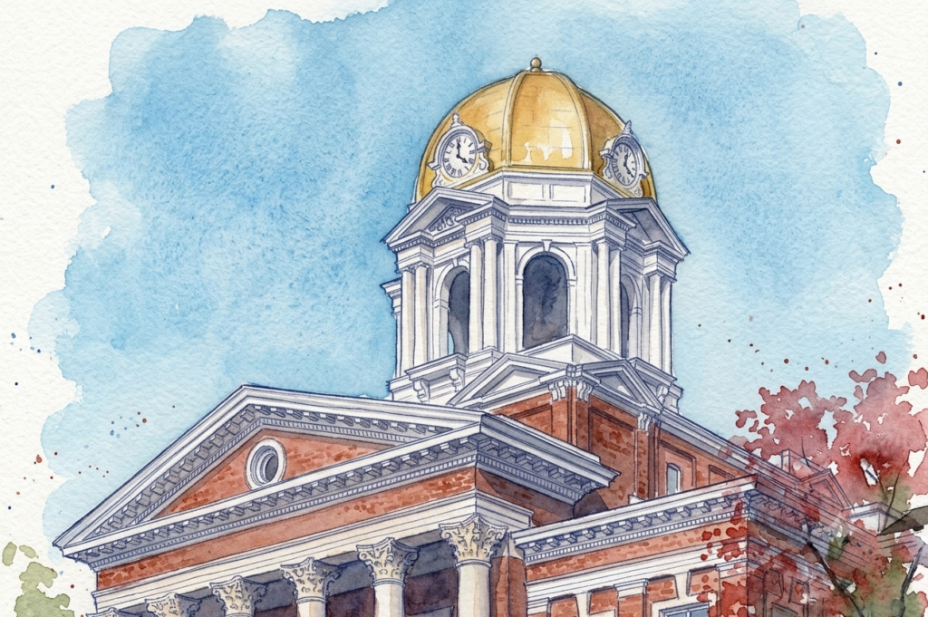 Watercolor illustration of the historic Bartow County Courthouse in Cartersville, Georgia