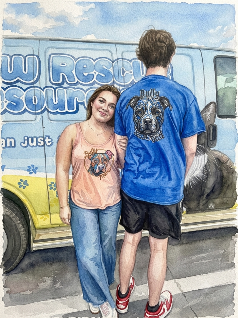 Illustration of a couple wearing Bully Mama and Bully Dad rescue t-shirts standing by the Bartow Rescue & Resources van