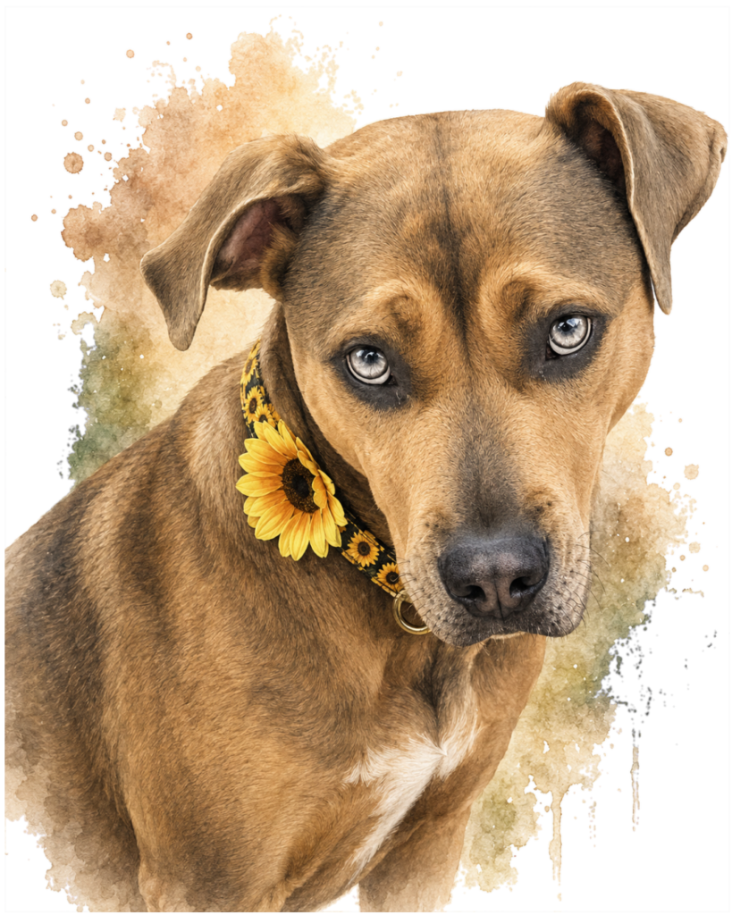 Luna, a rescued dog wearing a sunflower collar, the face of Bartow Rescue & Resources