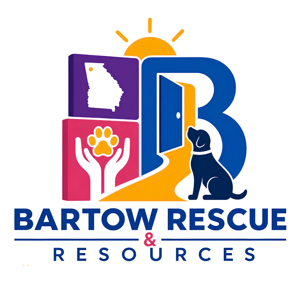 Bartow Rescue & Resources logo featuring the state of Georgia, a helping hand with a paw print, and a dog beside an open door