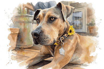 Illustration of Luna, a rescued dog with a sunflower collar, from Luna's Story